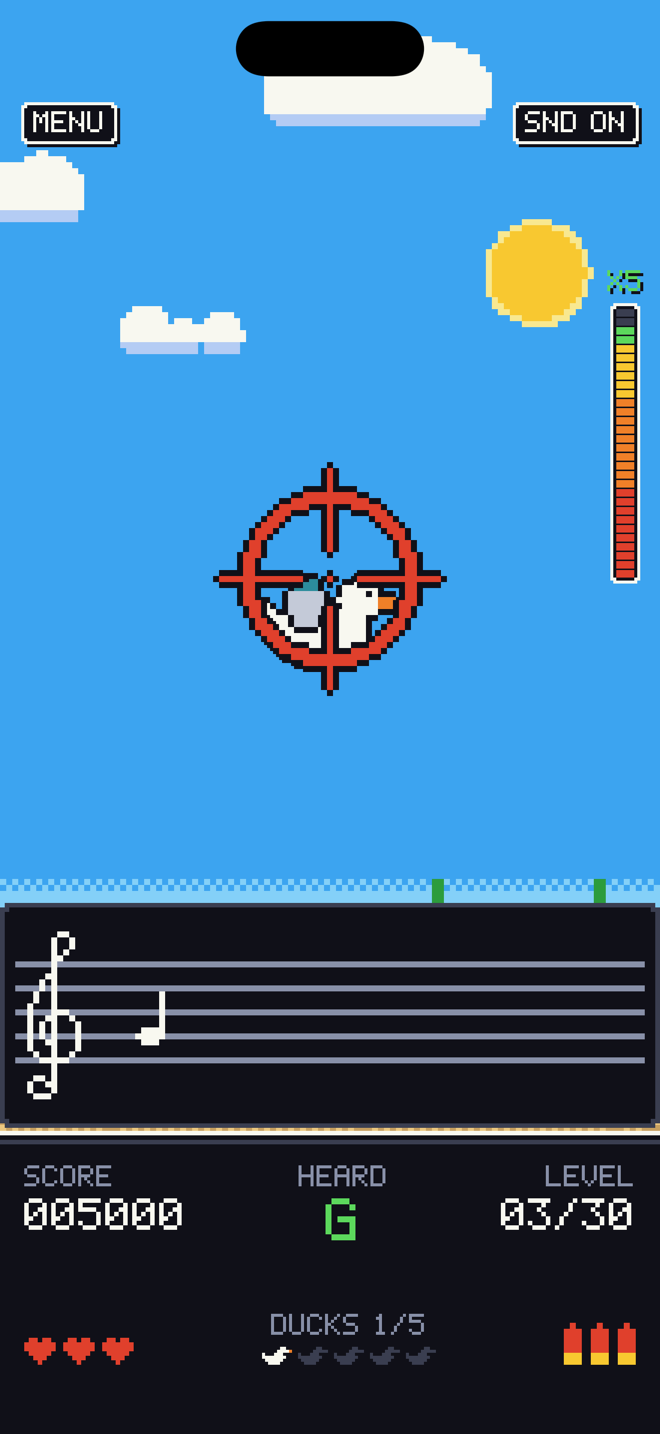 Sheet music mode: a note on a treble staff in the bottom panel, the duck near the sight