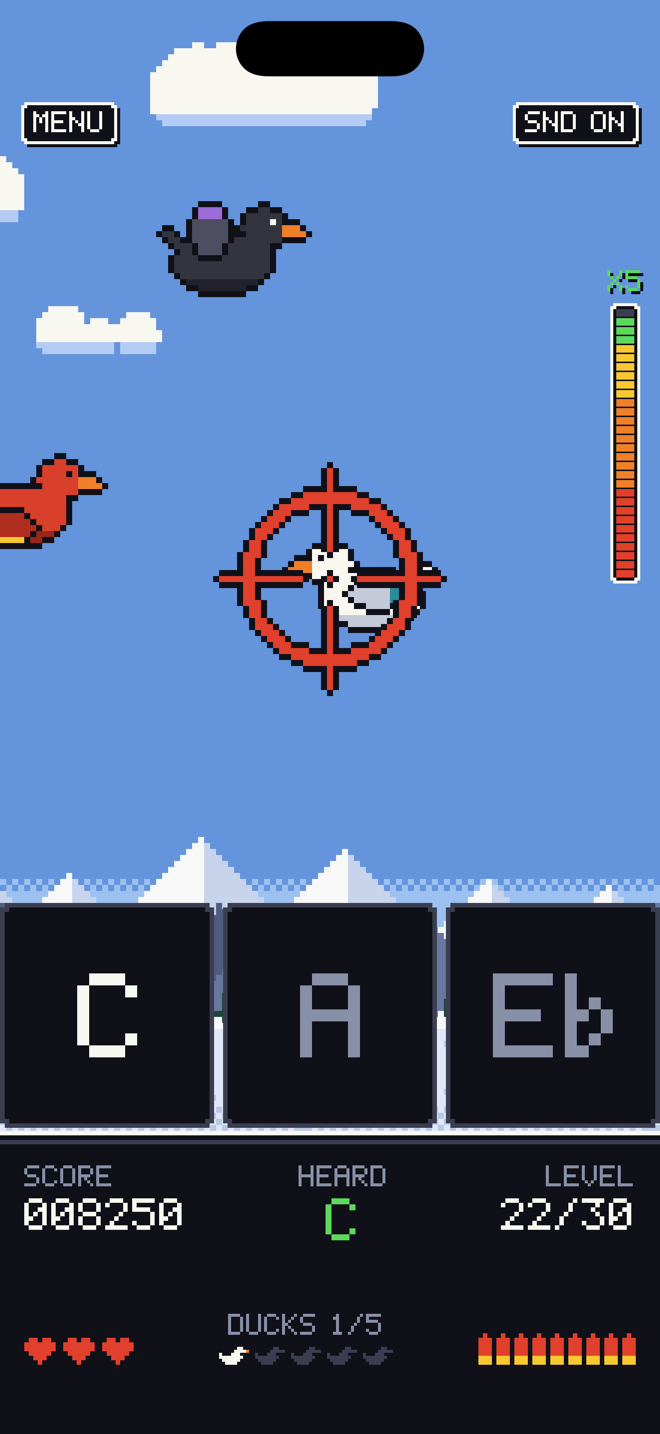 A level from 21 to 30 with a white, a black and a red duck in the sky