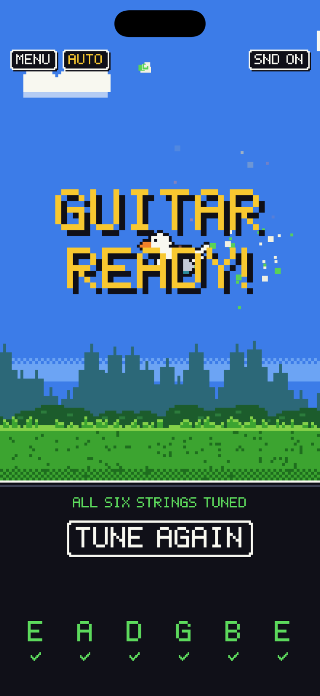 The tuner showing GUITAR READY! after all six strings are tuned